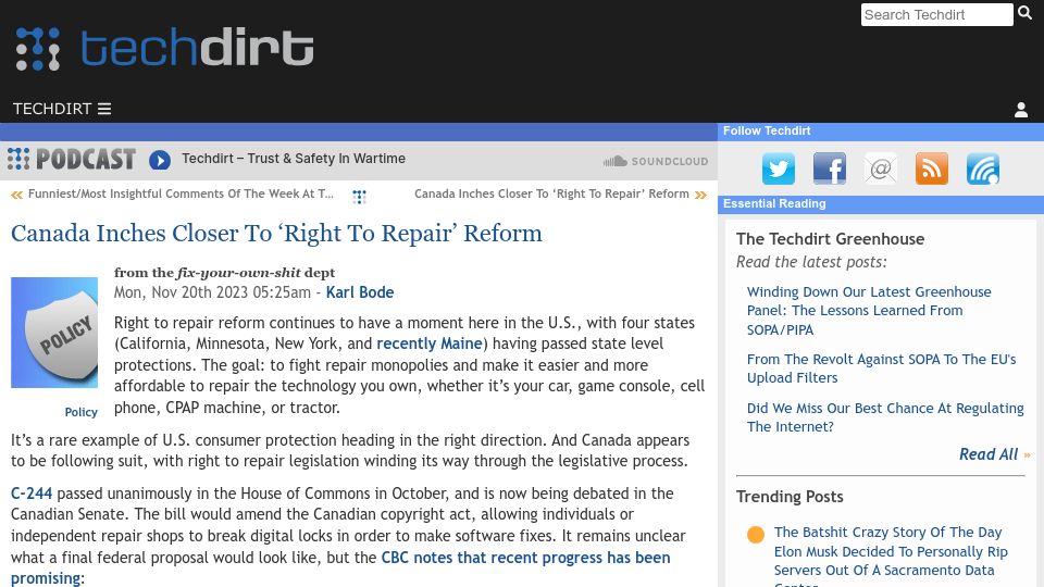 Screenshot of techdirt.com: Canada Inches Closer to 'Right to Repair' Reform