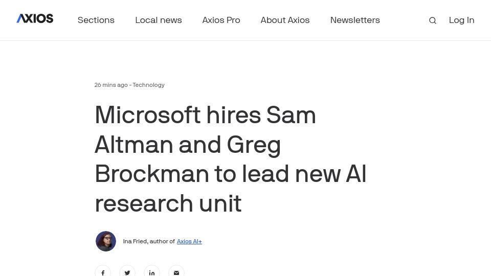 Screenshot of axios.com: Microsoft just hired Sam and Greg to lead a new advanced AI research team