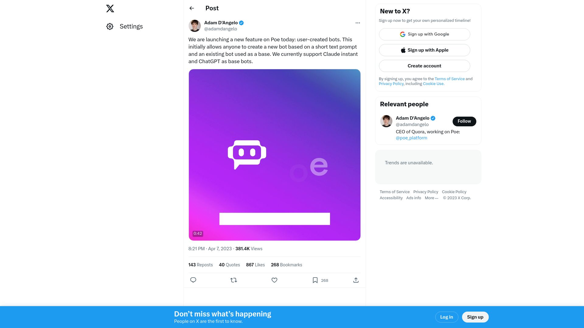 Screenshot of twitter.com: OpenAI board member's Poe let users make chatbots using prompts in April 2023