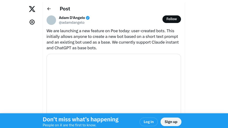 Screenshot of twitter.com: OpenAI board member's Poe let users make chatbots using prompts in April 2023