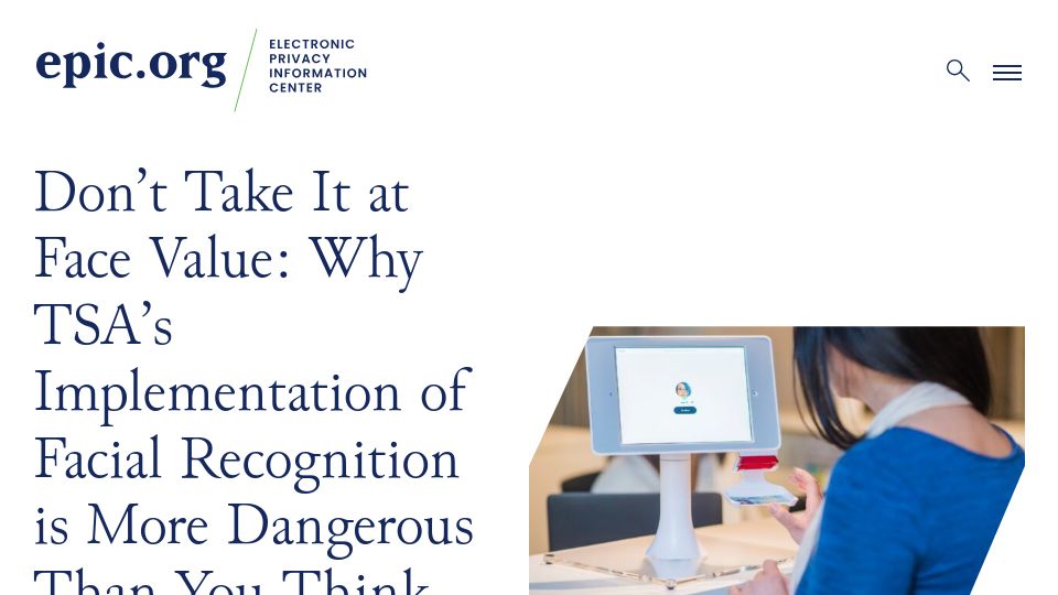 Screenshot of epic.org: Why TSA's Implementation of Facial Recognition Is More Dangerous Than You Think