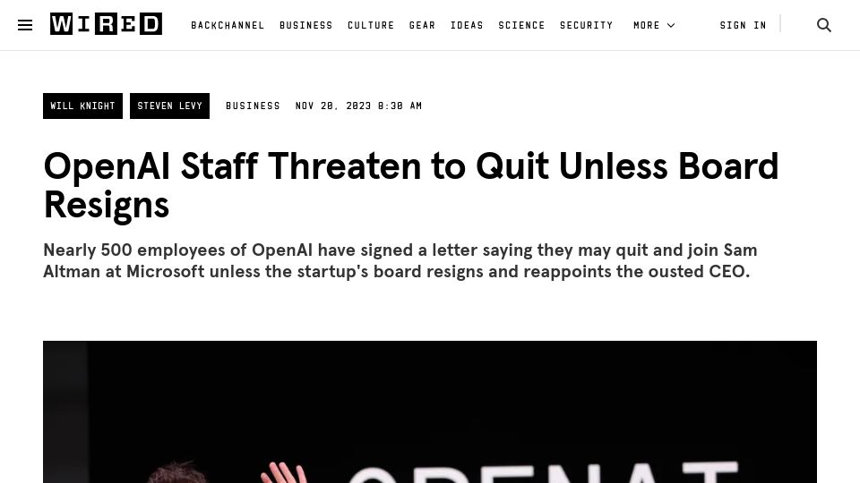 Screenshot of wired.com: OpenAI staff threaten to quit unless board resigns