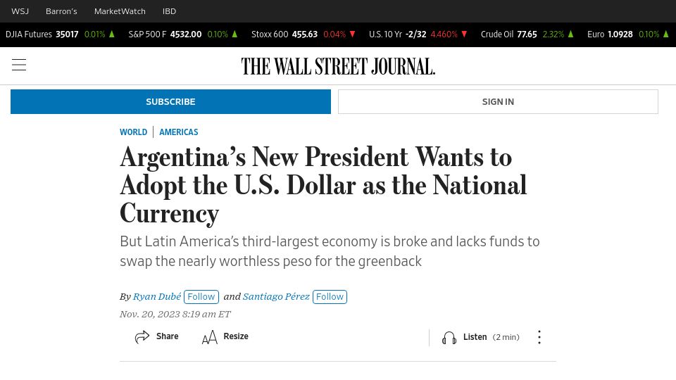 Screenshot of wsj.com: Argentina's New President Wants to Adopt the Dollar as the National Currency