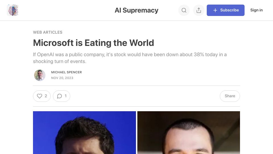Screenshot of aisupremacy.substack.com: Microsoft is eating the world