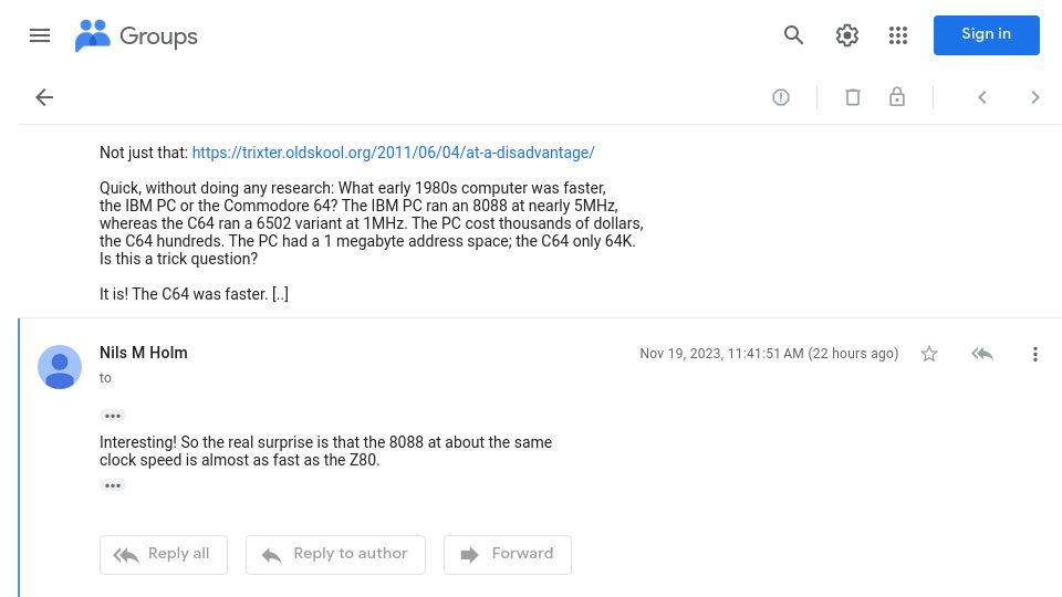 Screenshot of groups.google.com: Z80 vs. 8088 Speed