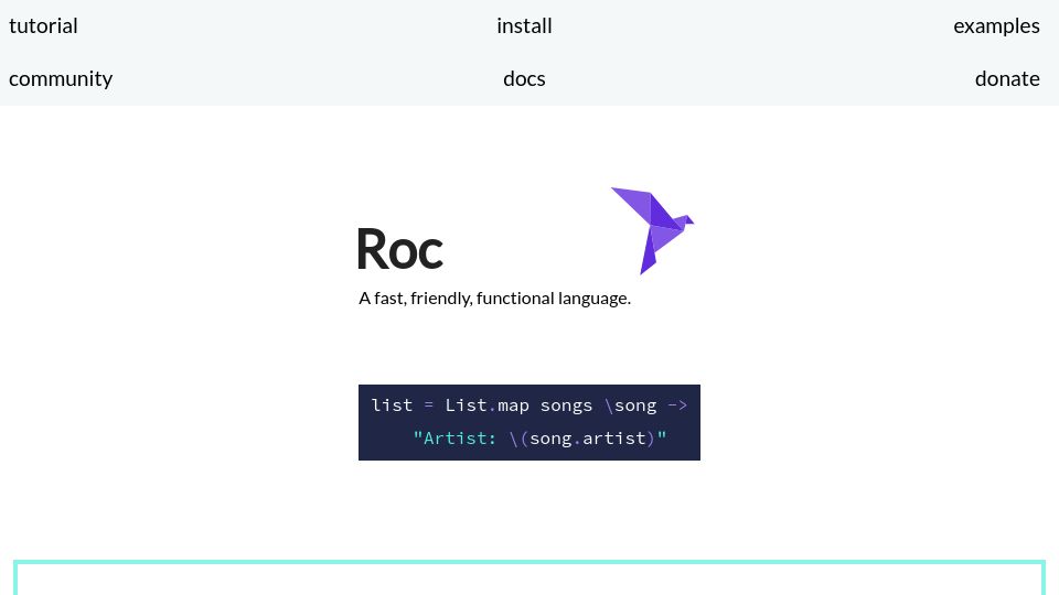 Screenshot of roc-lang.org: Roc – A fast, friendly, functional language