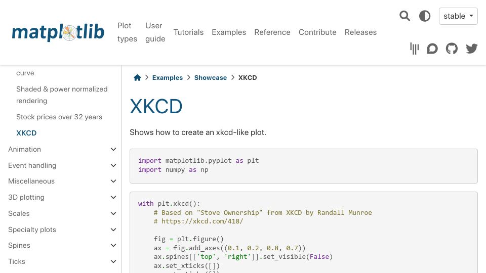 Screenshot of matplotlib.org: TIL you could make xkcd-like plots with matplotlib