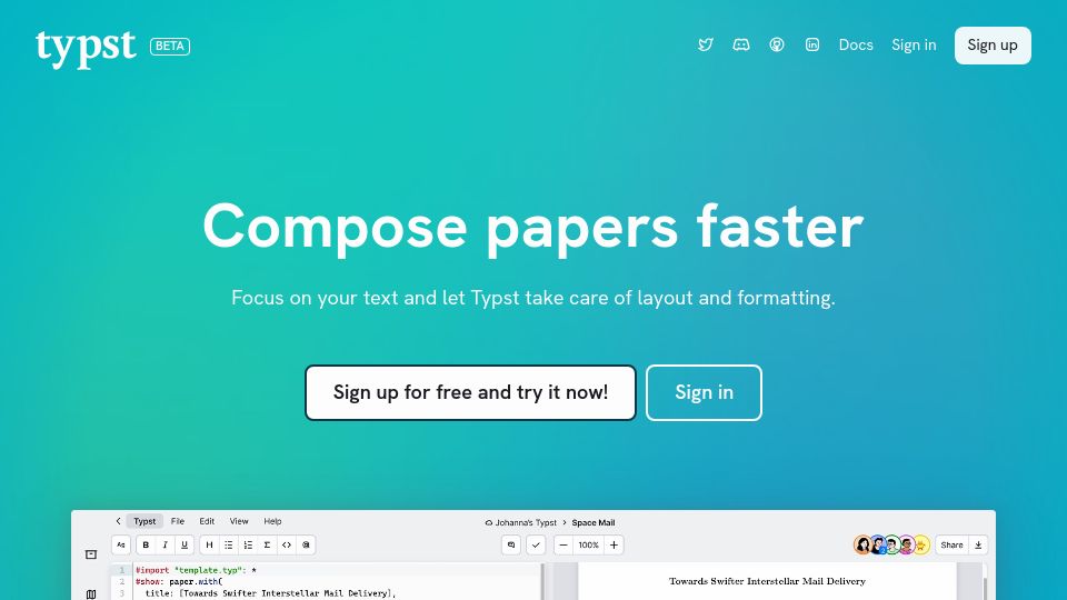 Screenshot of typst.app: Typst – Compose Papers Faster