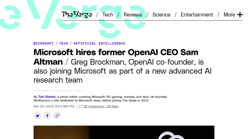 Screenshot of theverge.com: Microsoft Hires Former OpenAI CEO Sam Altman