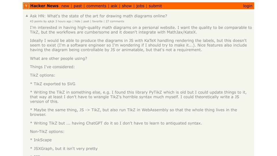 Screenshot of Hacker News post: Ask HN: What's the state of the art for drawing math diagrams online?