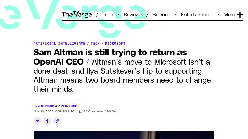 Screenshot of theverge.com: Sam Altman is still trying to return as OpenAI CEO