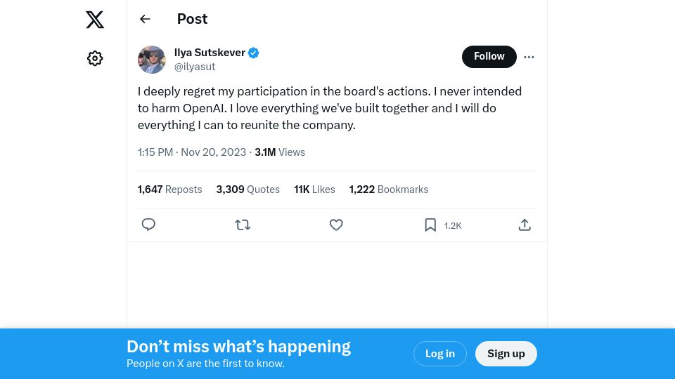 Screenshot of twitter.com: Ilya Sutskever tweet: I deeply regret my participation in the board's actions