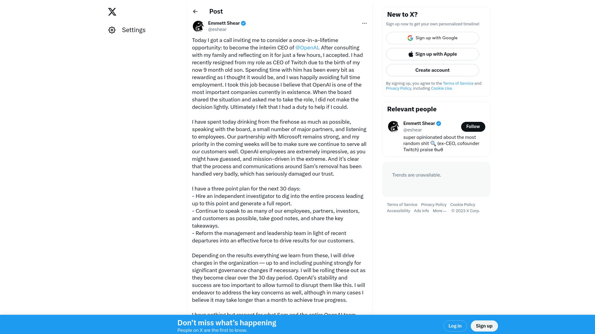 Screenshot of twitter.com: Emmet Shear statement as Interim CEO of OpenAI