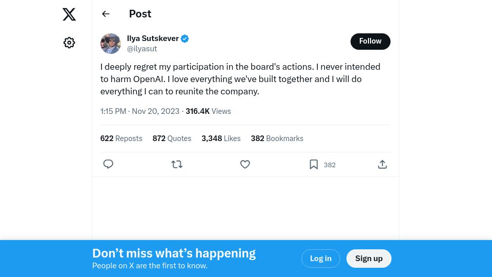 Screenshot of twitter.com: I deeply regret my participation in the board's actions