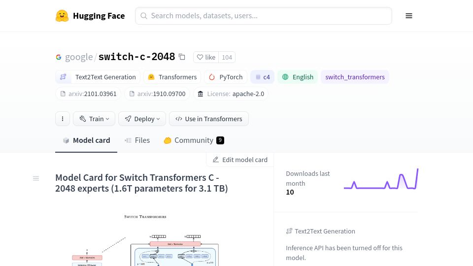 Screenshot of huggingface.co: Switch Transformers C – 2048 experts (1.6T params for 3.1 TB)