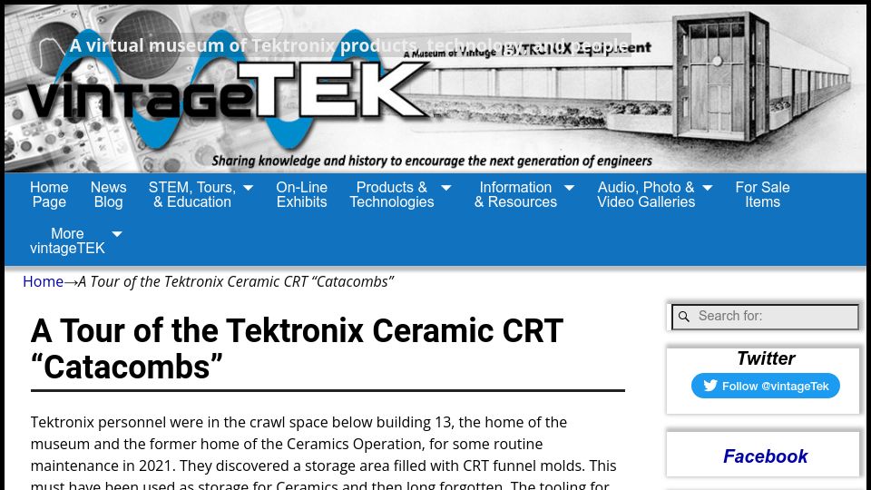 Screenshot of vintagetek.org: A Tour of the Tektronix Ceramic CRT "Catacombs"