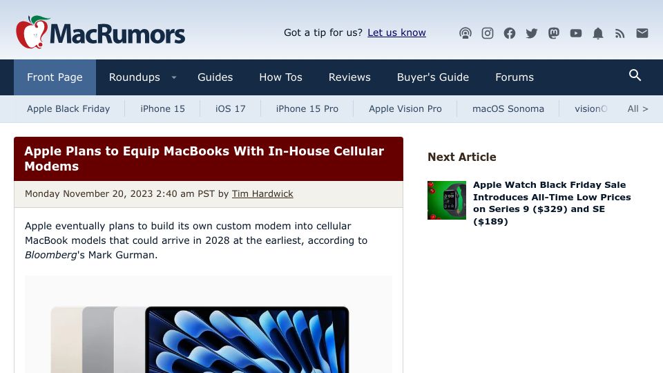Screenshot of macrumors.com: Apple plans to equip MacBooks with in-house cellular modems