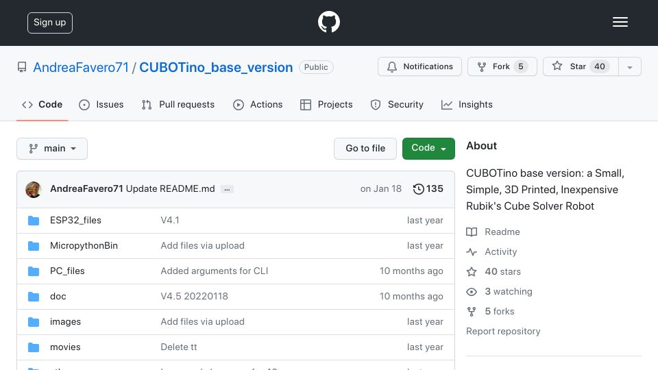 Screenshot of github.com: CUBOTino: A small, simple, 3D printed, inexpensive Rubik's Cube solver robot