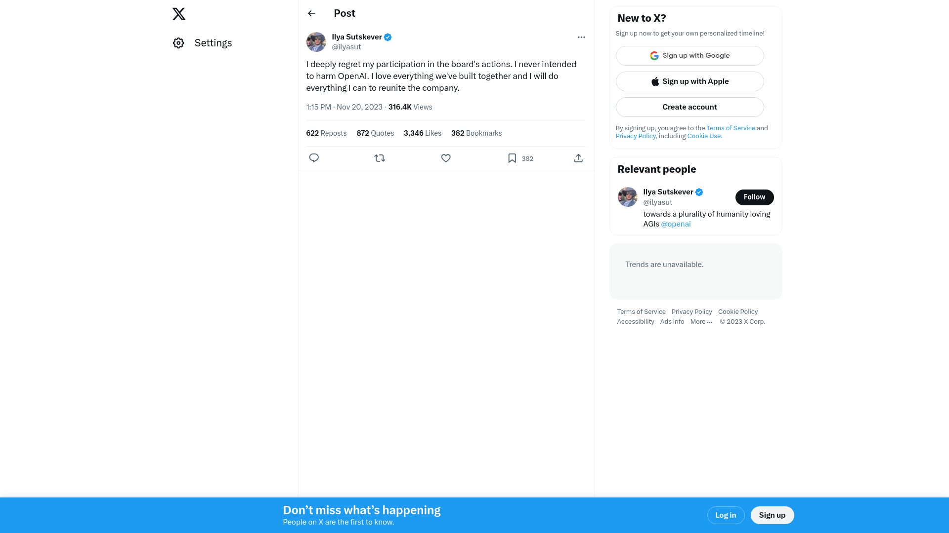 Screenshot of twitter.com: I deeply regret my participation in the board's actions