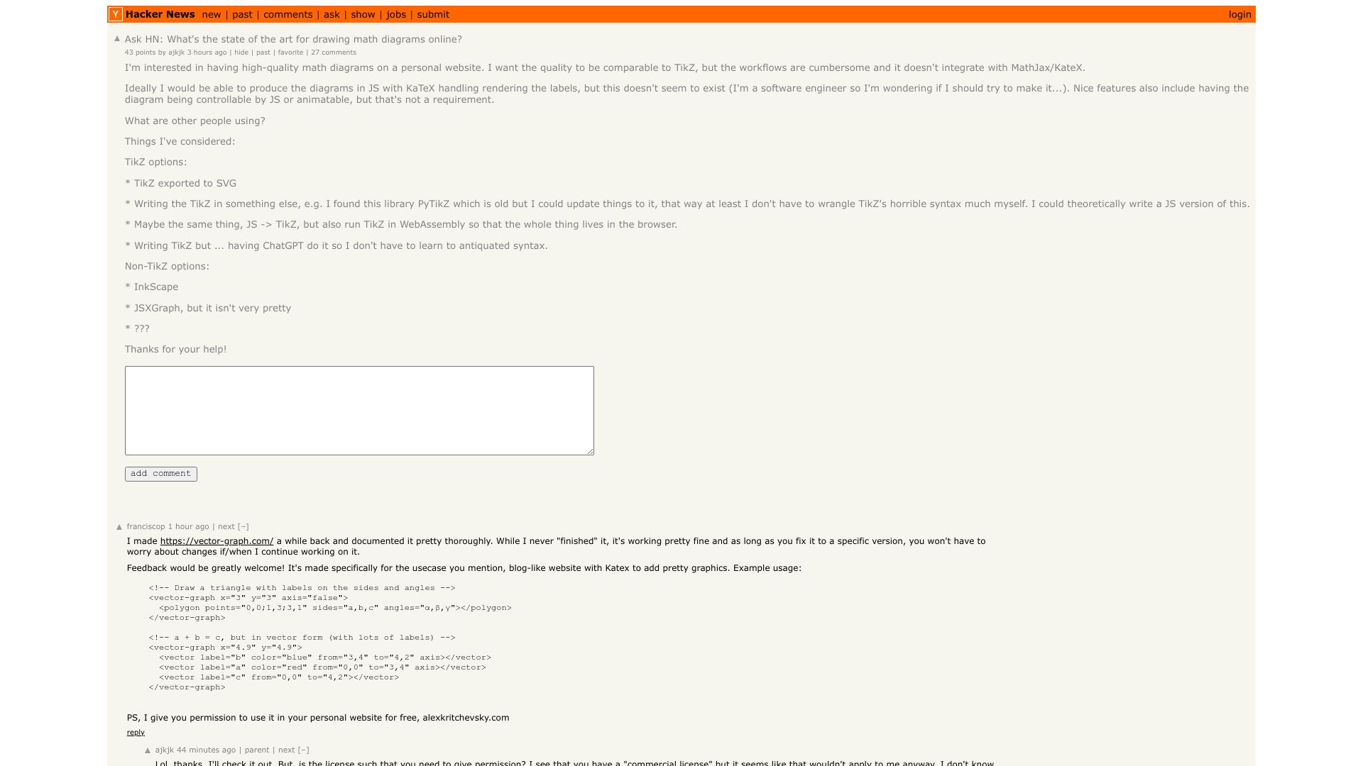 Screenshot of this Hacker News post: Ask HN: What's the state of the art for drawing math diagrams online?