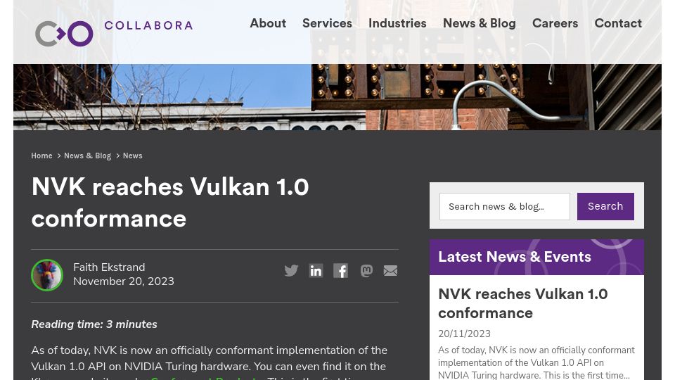 Screenshot of collabora.com: NVK reaches Vulkan 1.0 conformance
