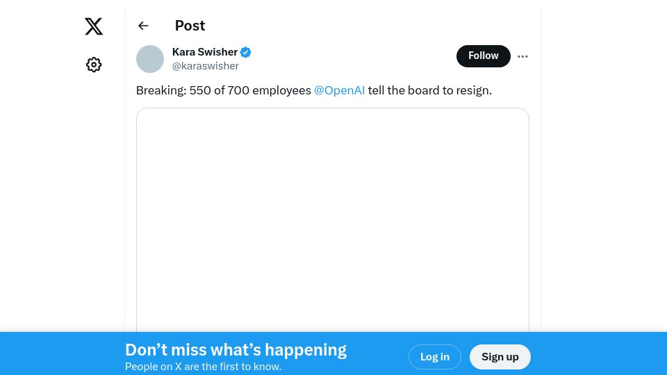 Screenshot of twitter.com: 550 of 700 Employees OpenAI tell the board to resign