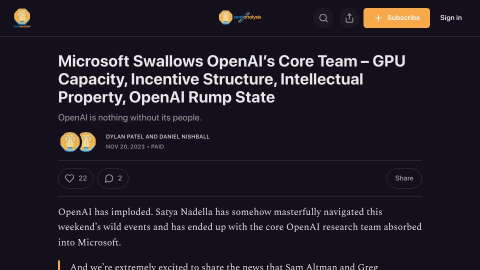 Screenshot of semianalysis.com: Microsoft Swallows OpenAI's Core Team – GPU Capacity, Incentives, IP