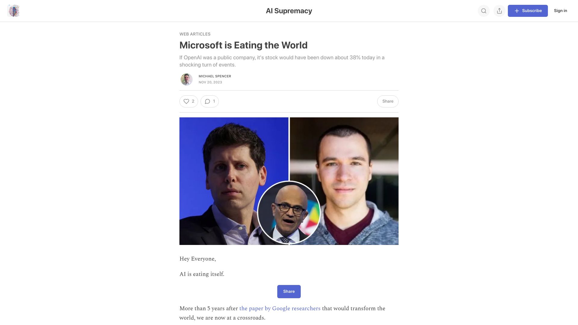 Screenshot of aisupremacy.substack.com: Microsoft is eating the world