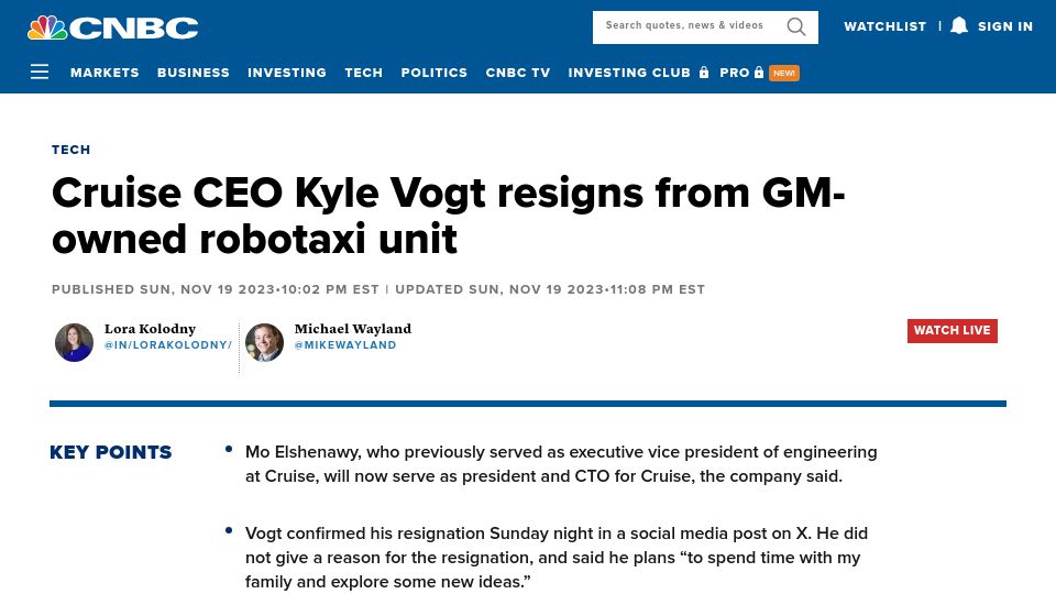 Screenshot of cnbc.com: GM Cruise CEO Resigns