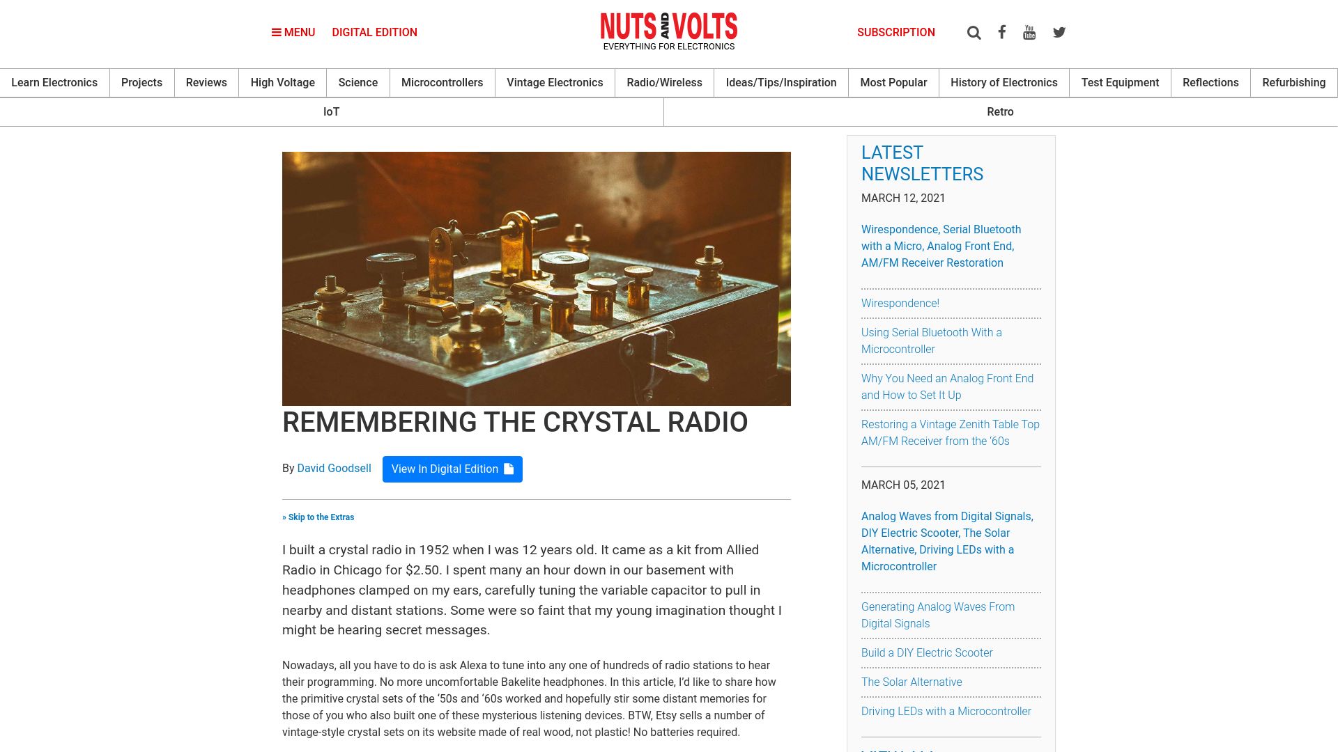 Screenshot of nutsvolts.com: Remembering the Crystal Radio (2020)