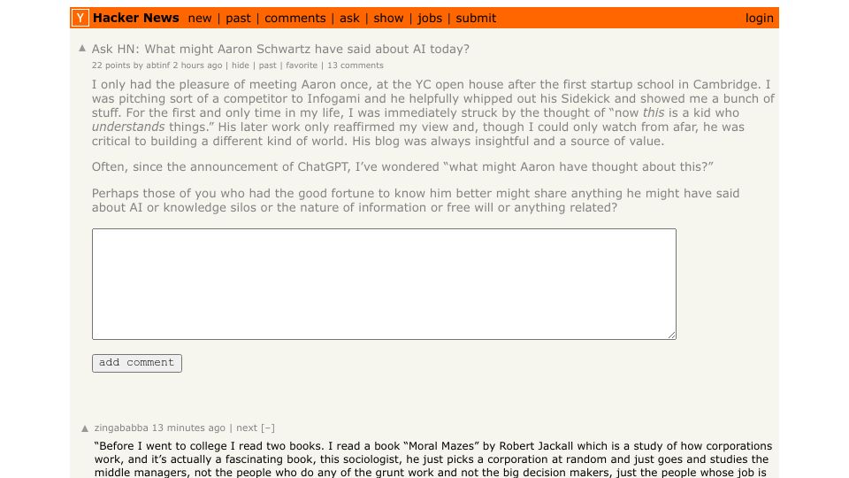 Screenshot of Hacker News post: Ask HN: What might Aaron Schwartz have said about AI today?