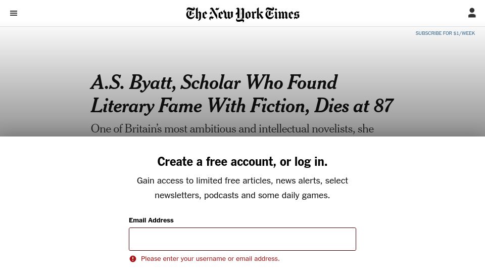 Screenshot of nytimes.com: A.S. Byatt has died
