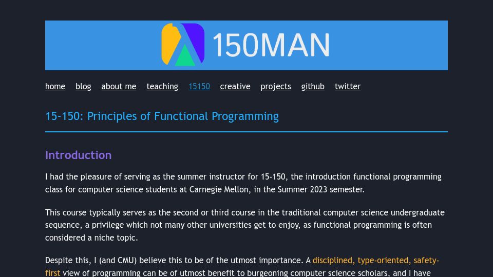 Screenshot of brandonspark.github.io: 15-150: Principles of Functional Programming
