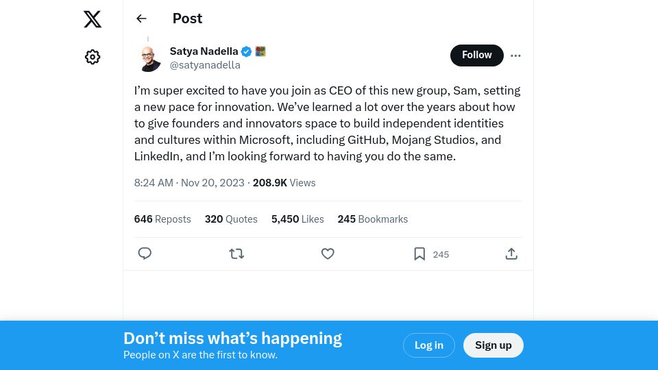 Screenshot of twitter.com: Sam Altman is the CEO of a new AI group under Microsoft