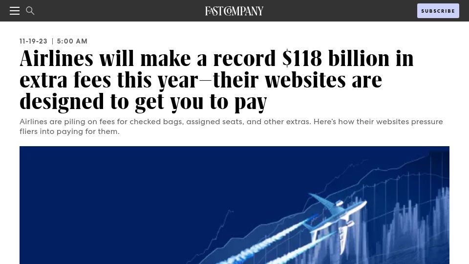 Screenshot of fastcompany.com: Airlines will make $118B in extra fees