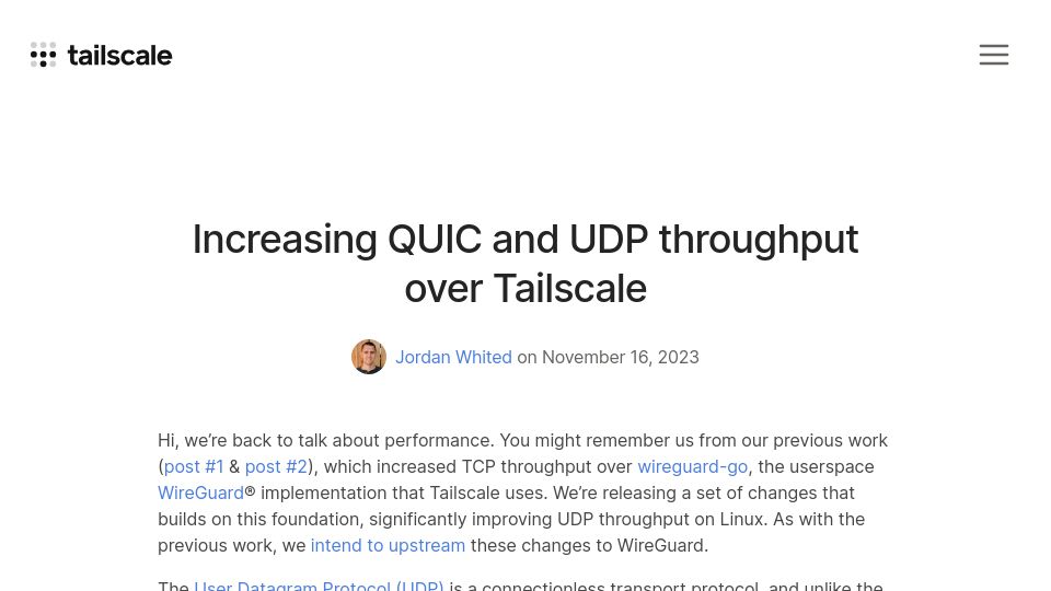 Screenshot of tailscale.com: Increasing QUIC and UDP Throughput over Tailscale