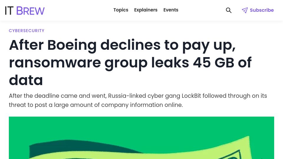 Screenshot of itbrew.com: After Boeing declines to pay up, ransomware group leaks 45 GB of data