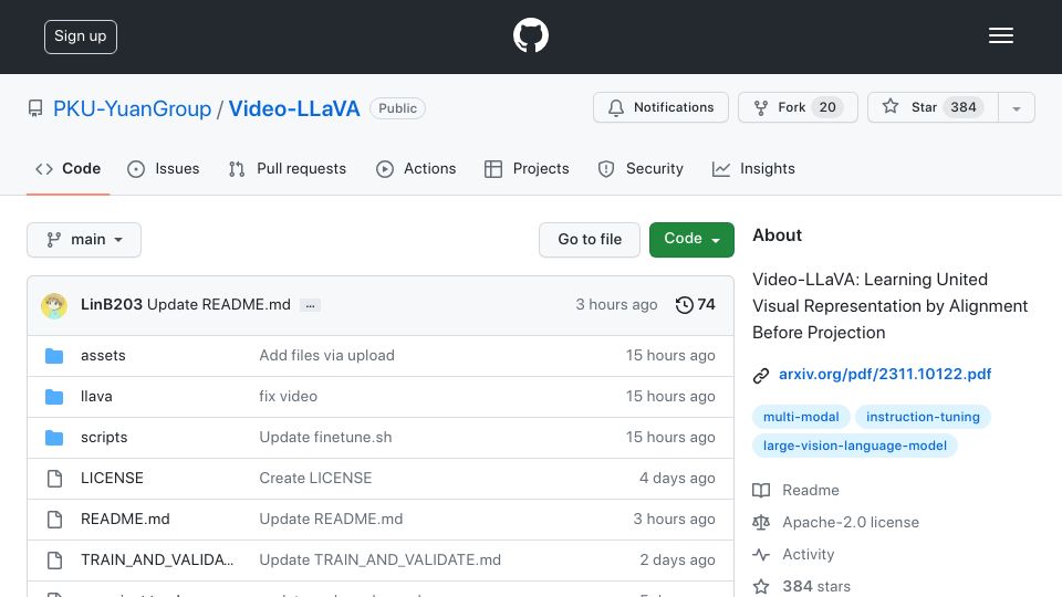 Screenshot of github.com: Video-LLaVA