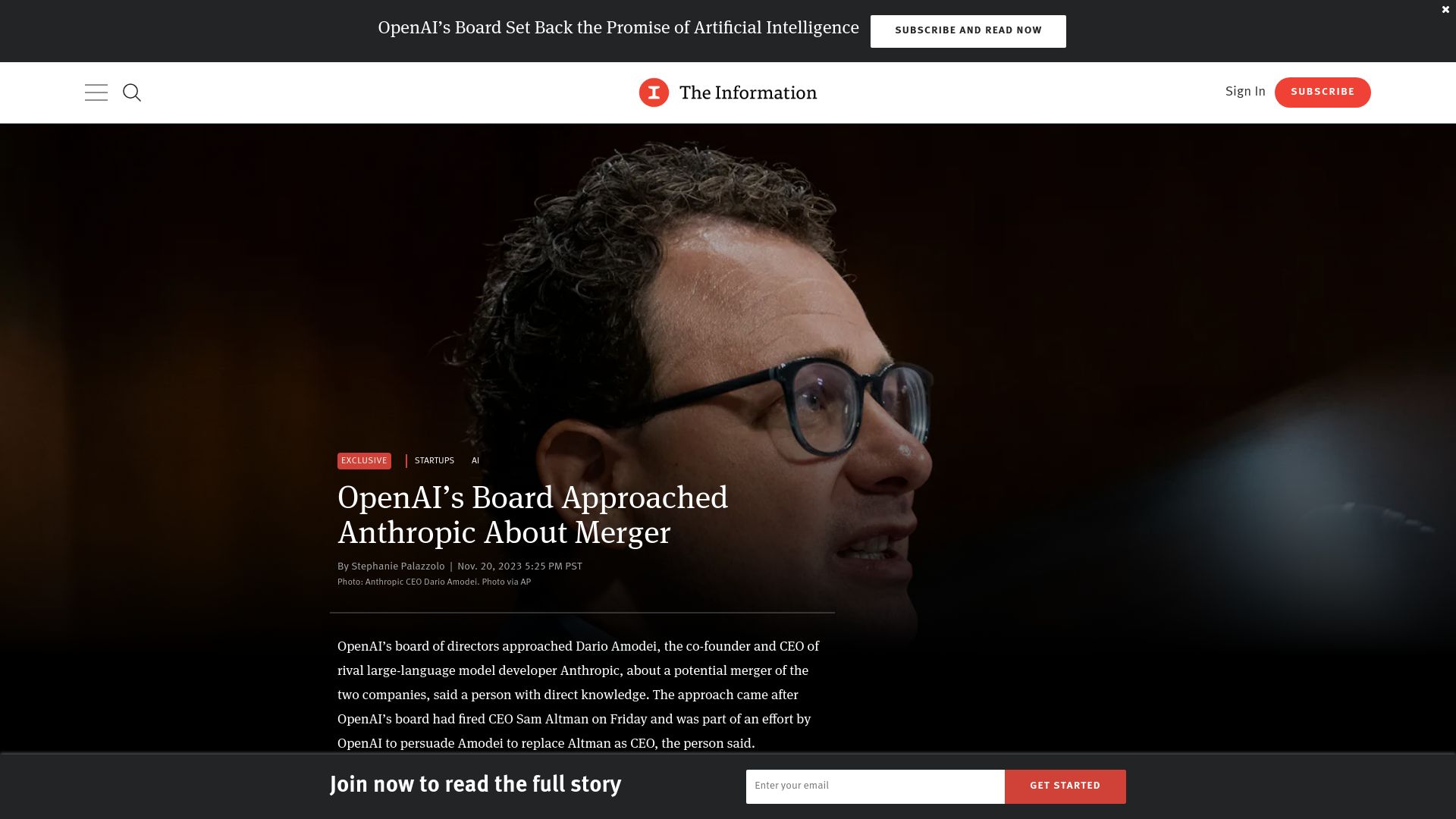 Screenshot of theinformation.com: OpenAI approached Anthropic about merger