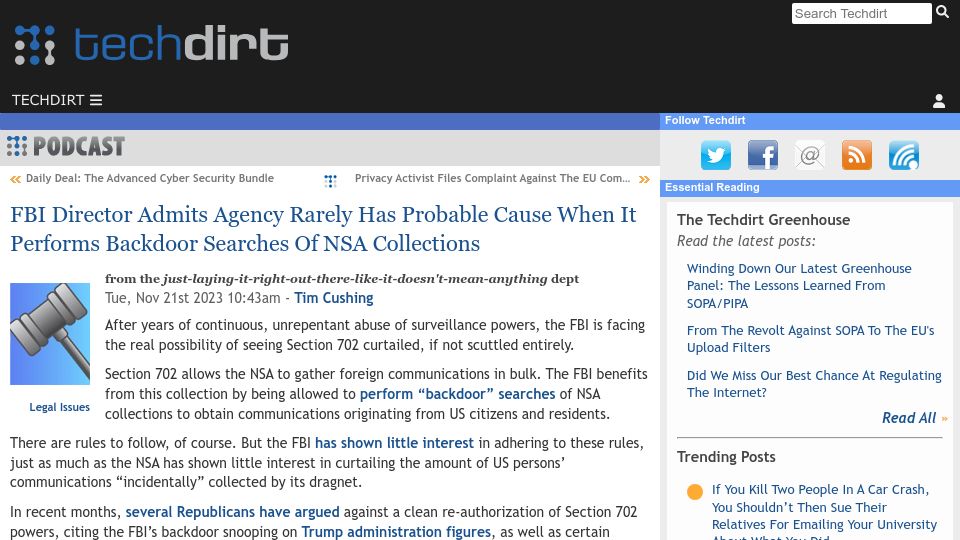Screenshot of techdirt.com: FBI director admits they rarely have probable cause for using NSA collections