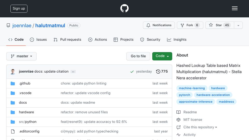 Screenshot of github.com: Show HN: Stella Nera – Maddness Hardware Accelerator