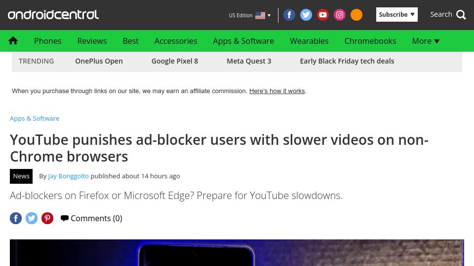 Screenshot of androidcentral.com: YouTube punishes ad-blocker users with slower videos on non-Chrome browsers