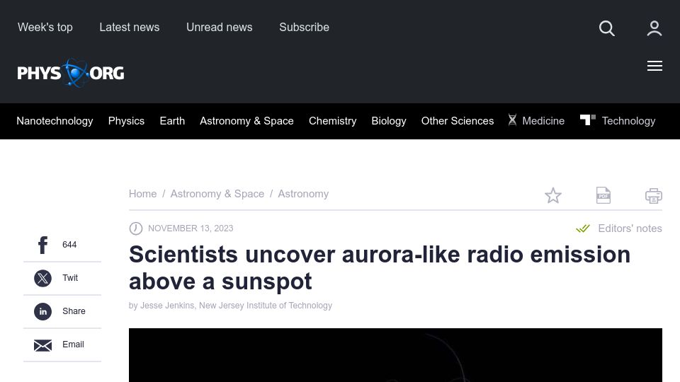 Screenshot of phys.org: Scientists uncover aurora-like radio emission above a sunspot
