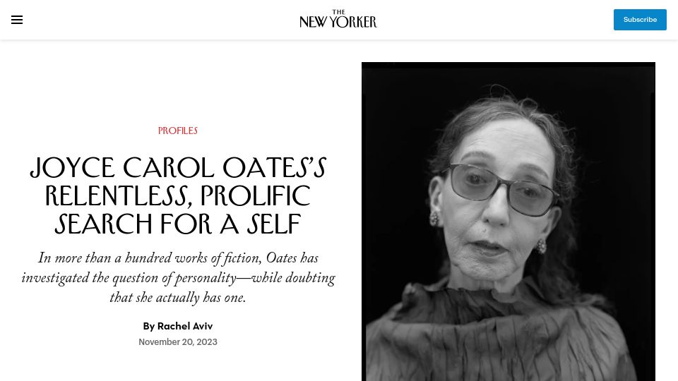 Screenshot of newyorker.com: Joyce Carol Oates's relentless, prolific search for a self