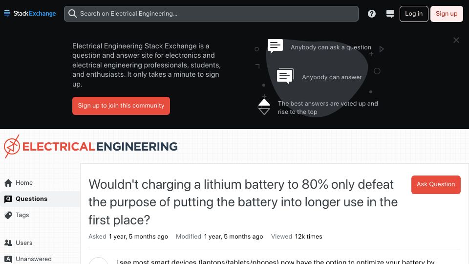 Screenshot of electronics.stackexchange.com: Charging a lithium battery to 80% only?