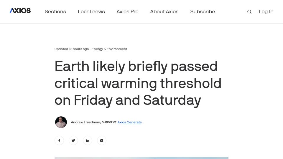 Screenshot of axios.com: Earth likely briefly passed critical warming threshold on Friday and Saturday