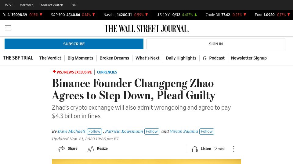 Screenshot of wsj.com: Binance founder Changpeng Zhao agrees to step down, plead guilty