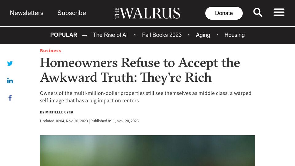 Screenshot of thewalrus.ca: Homeowners Refuse to Accept the Awkward Truth: They're Rich