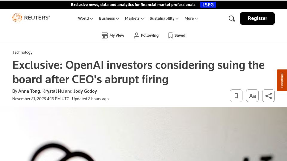 Screenshot of reuters.com: OpenAI investors considering suing the board after CEO's abrupt firing