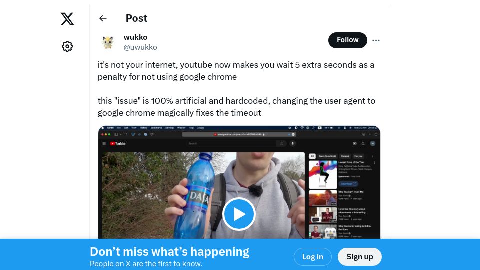 Screenshot of twitter.com: Changing User-Agent to Google Chrome drastically improves YouTube load times